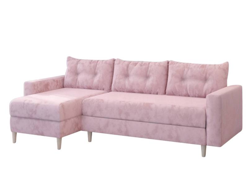 Różowy narożnik z pikowanymi poduszkami