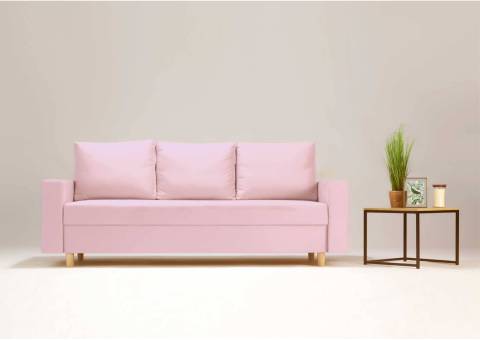 Różowa sofa na drewnianych nogach