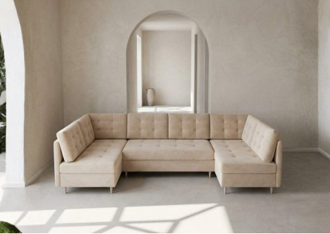 Duży narożnik pikowany rozkładany na drewnianych nogach PREGO U