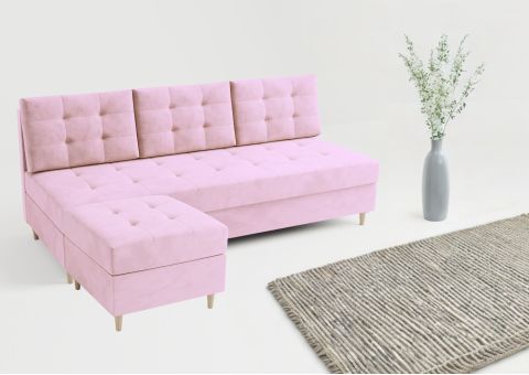 Różowa sofa pikowana z pufą