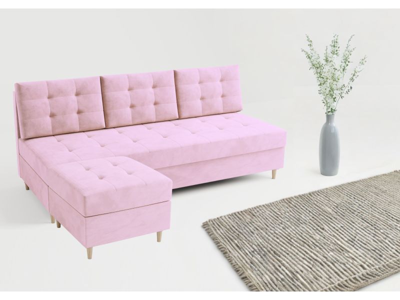 Różowa sofa pikowana z pufą