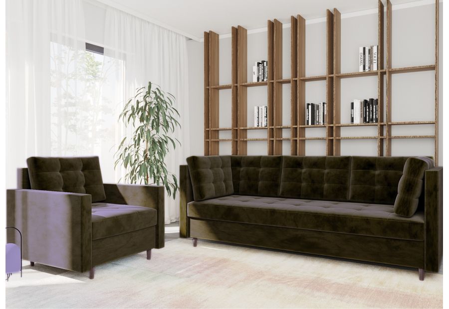 Zestaw sofa plus fotel PREGO pikowana skandynawska kanapa