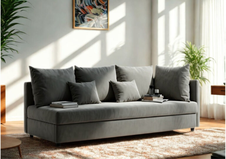 Szara sofa rozkładana z miękkimi poduszkami w słonecznym pokoju, obok palma i puszysty dywan