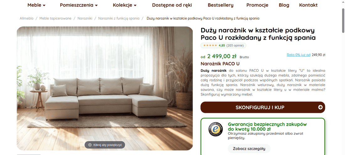 Karta produktu narożnika z przyciskiem Skonfiguruj i kup