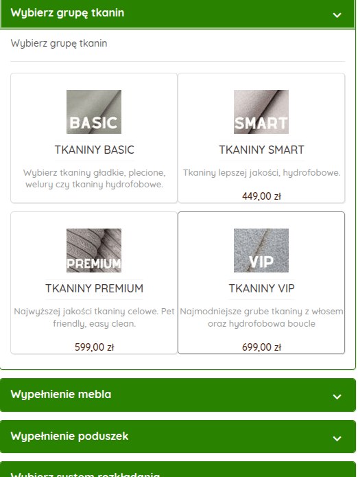Krok konfiguratora: wybór grupy tkanin BASIC, SMART, PREMIUM, VIP