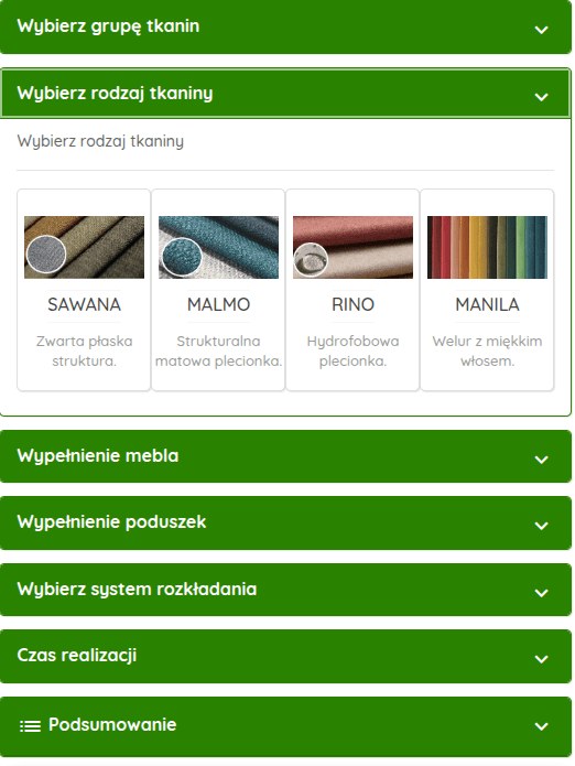 Krok konfiguratora: wybór rodzaju tkaniny w grupie