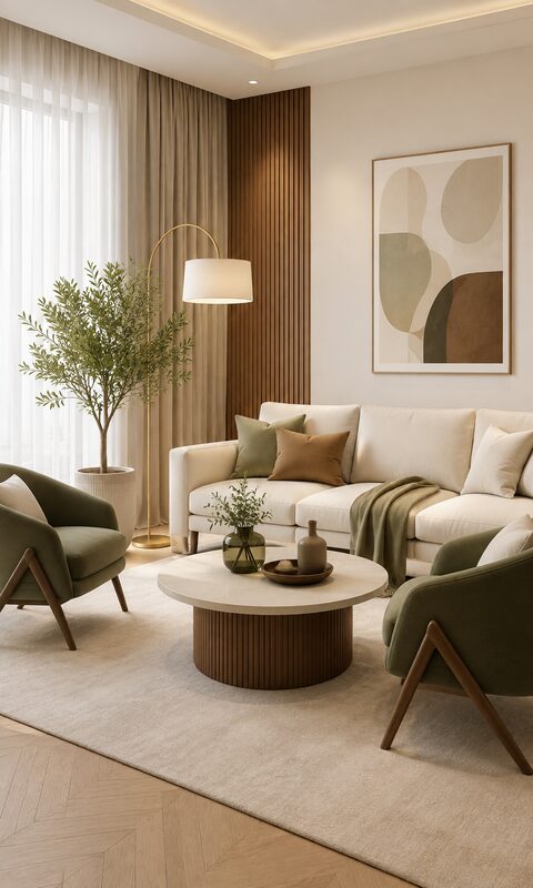 Jasna sofa i dwa zielone fotele z okrągłym stolikiem w salonie
