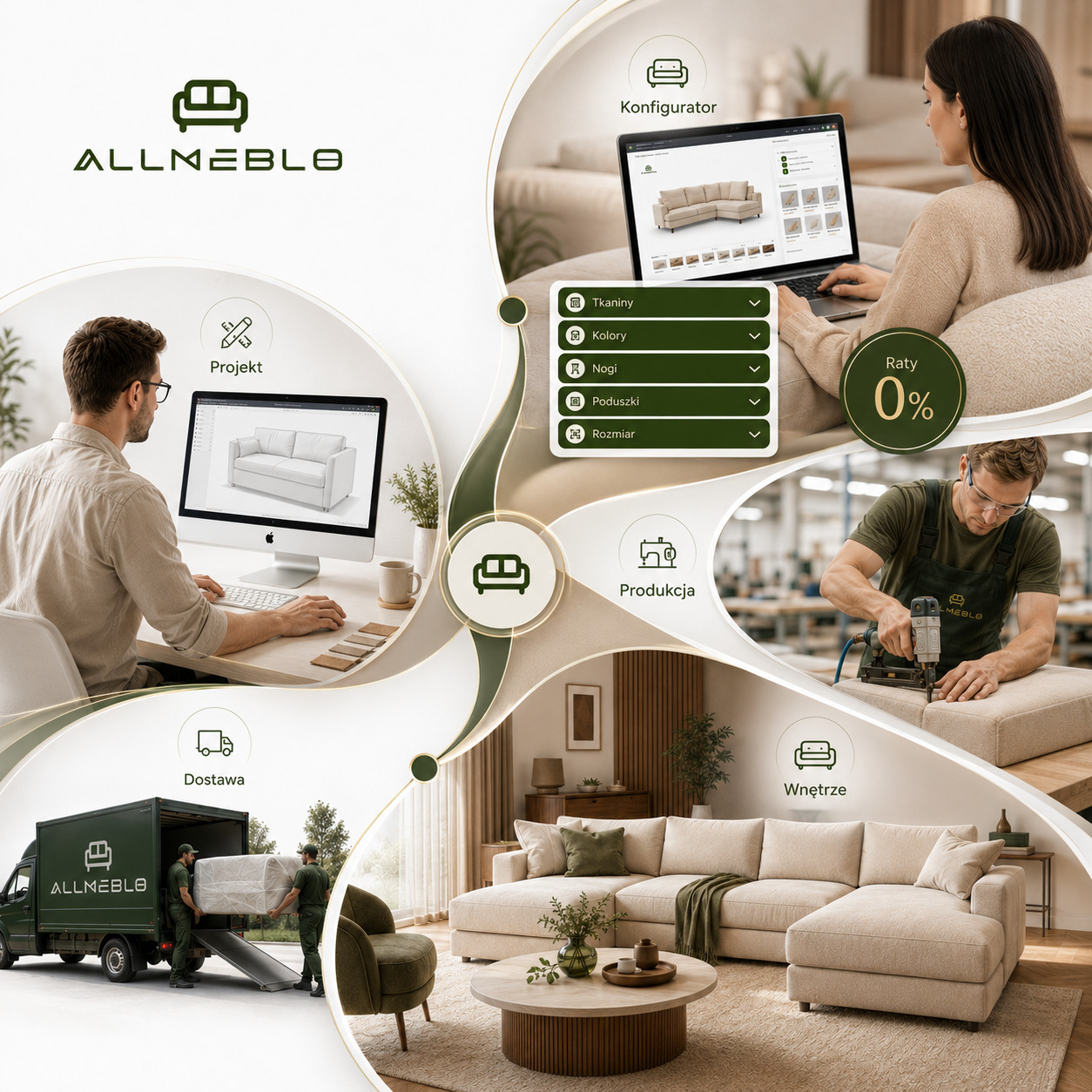 Allmeblo od projektu do wnętrza: konfigurator, produkcja, dostawa i montaż mebli tapicerowanych