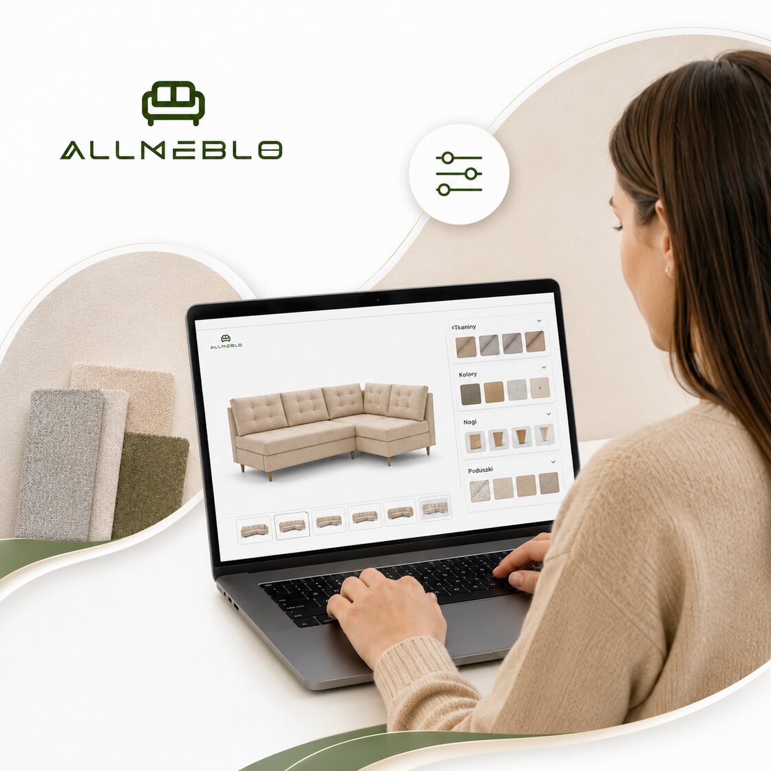 Konfigurator Allmeblo na laptopie: wybór tkaniny, koloru, nóg i wypełnienia narożnika