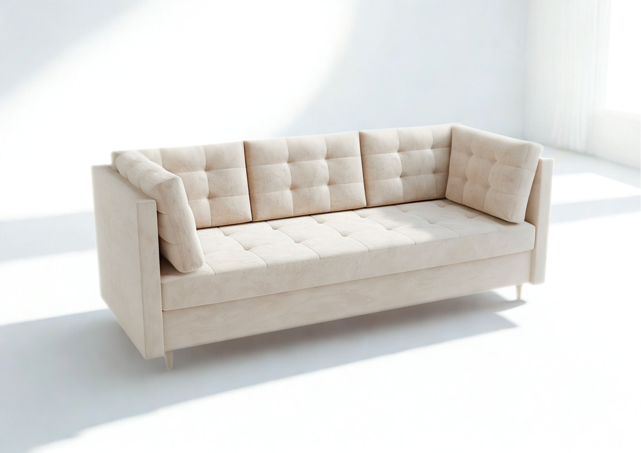 Pikowana sofa skandynawska z funkcją spania na drewnianych nogach beżowa