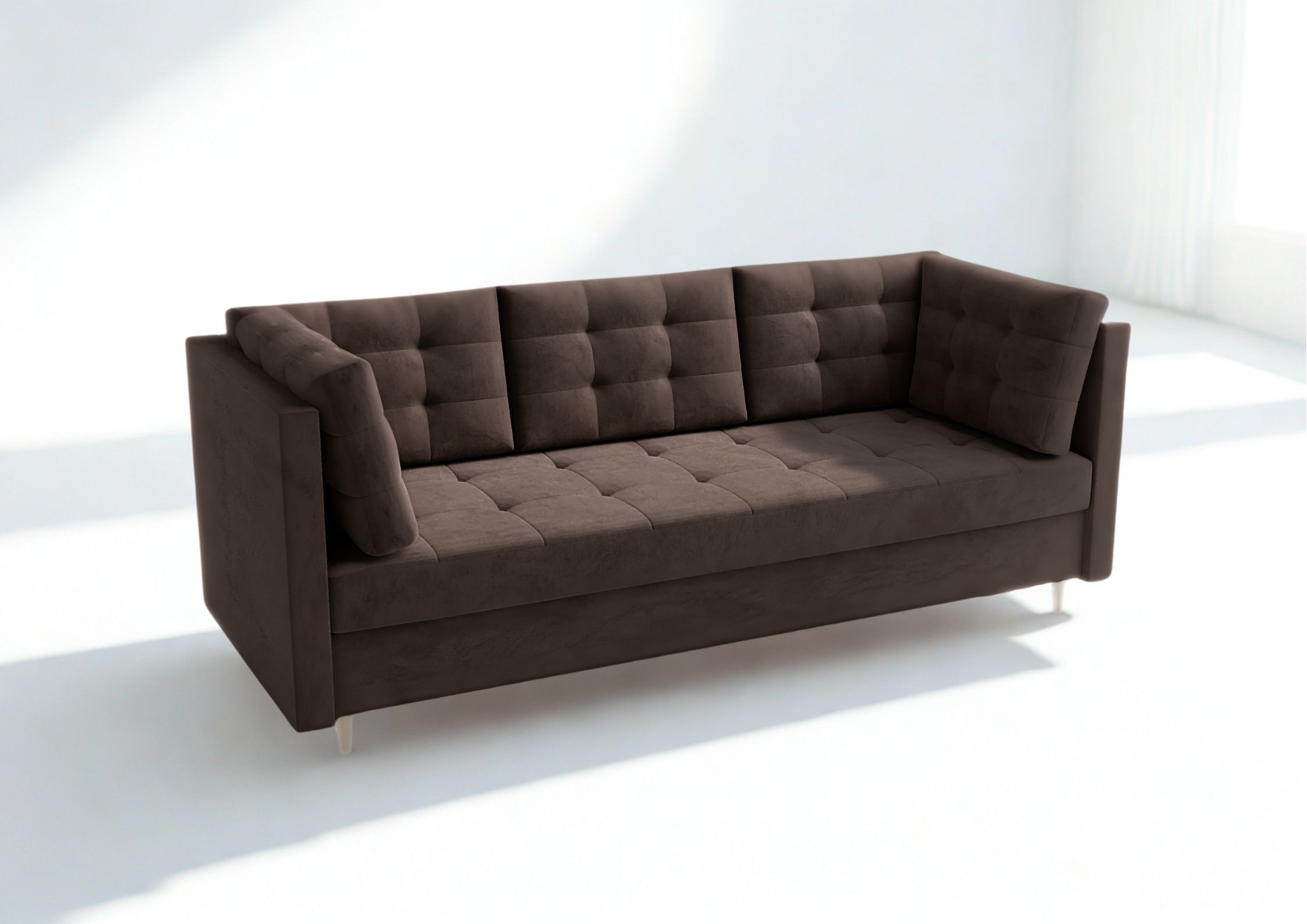 Pikowana sofa skandynawska z funkcją spania na drewnianych nogach brązowa