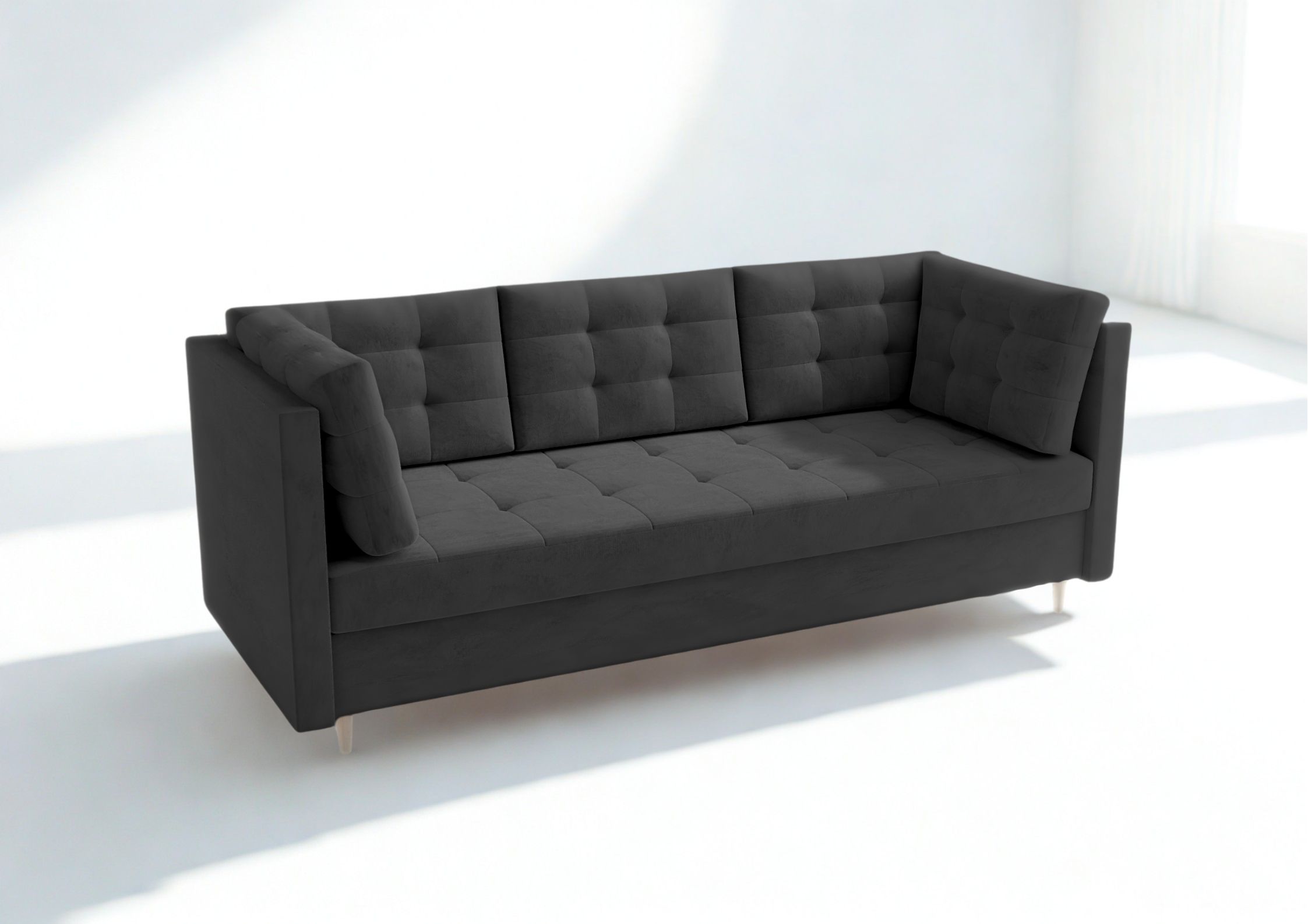 Pikowana sofa skandynawska z funkcją spania na drewnianych nogach czarna