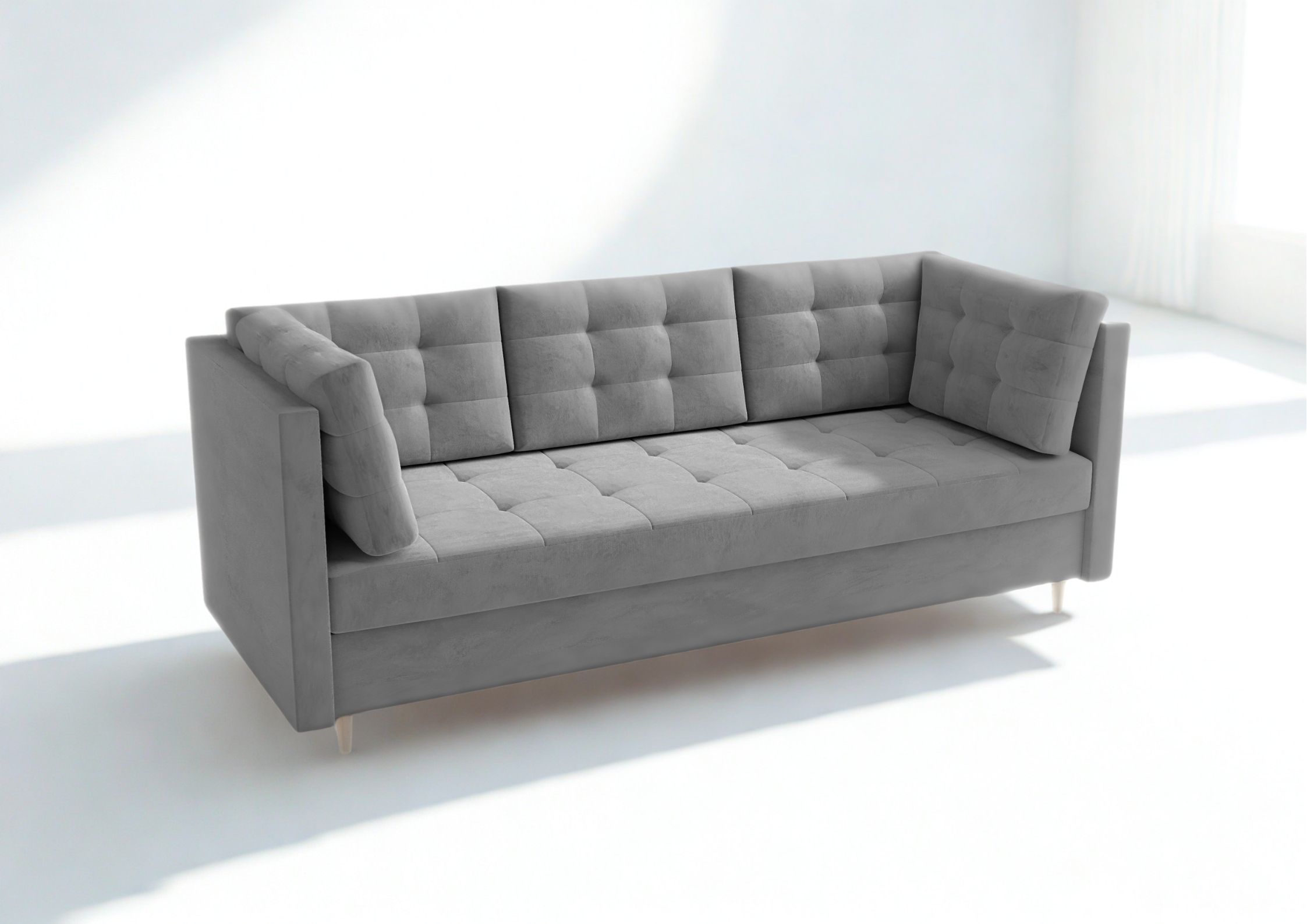 Pikowana sofa skandynawska z funkcją spania na drewnianych nogach grafitowa