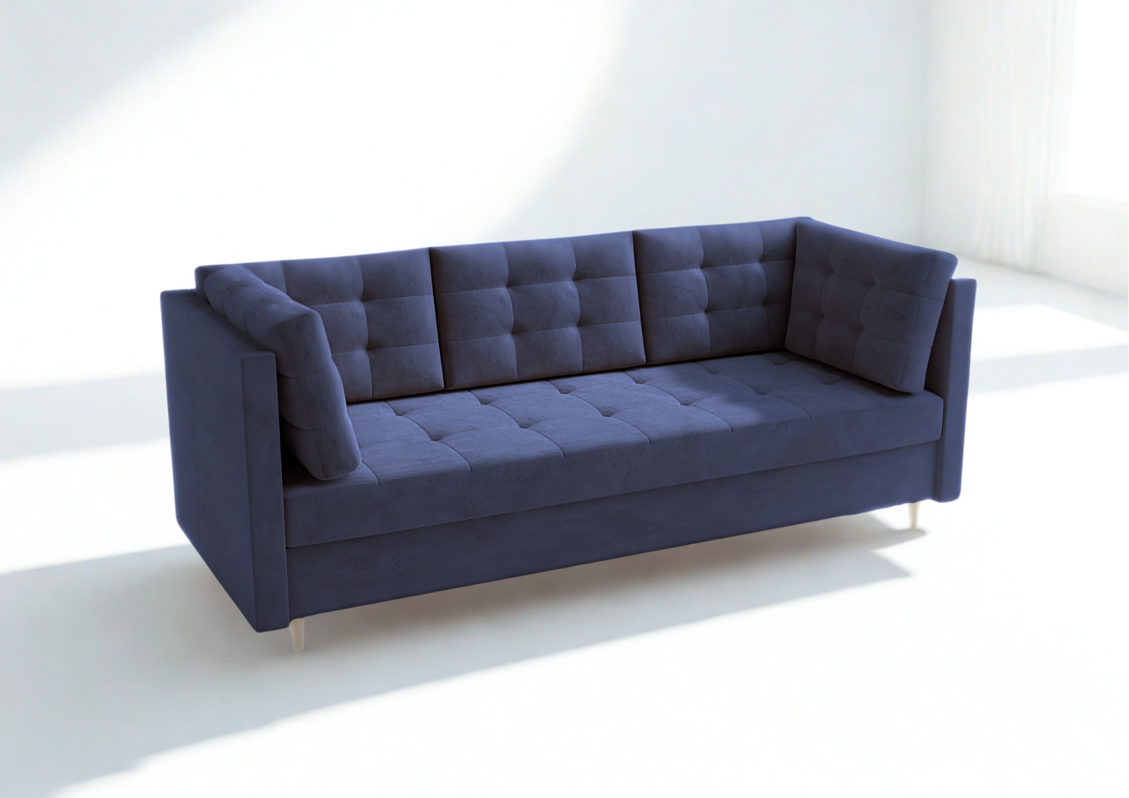 Pikowana sofa skandynawska z funkcją spania na drewnianych nogach granatowa