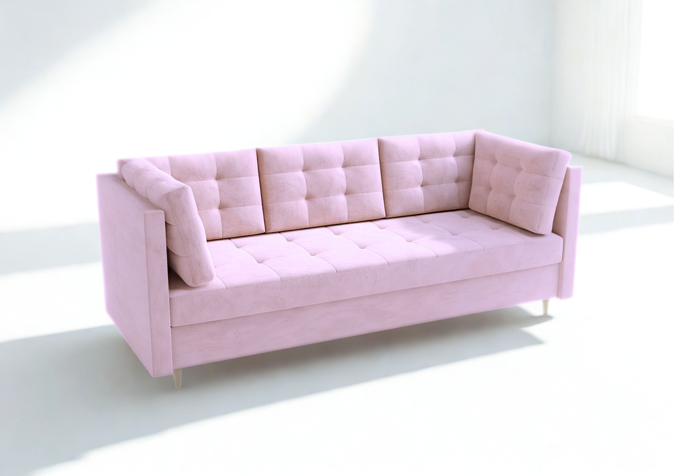 Pikowana sofa skandynawska z funkcją spania na drewnianych nogach różowa