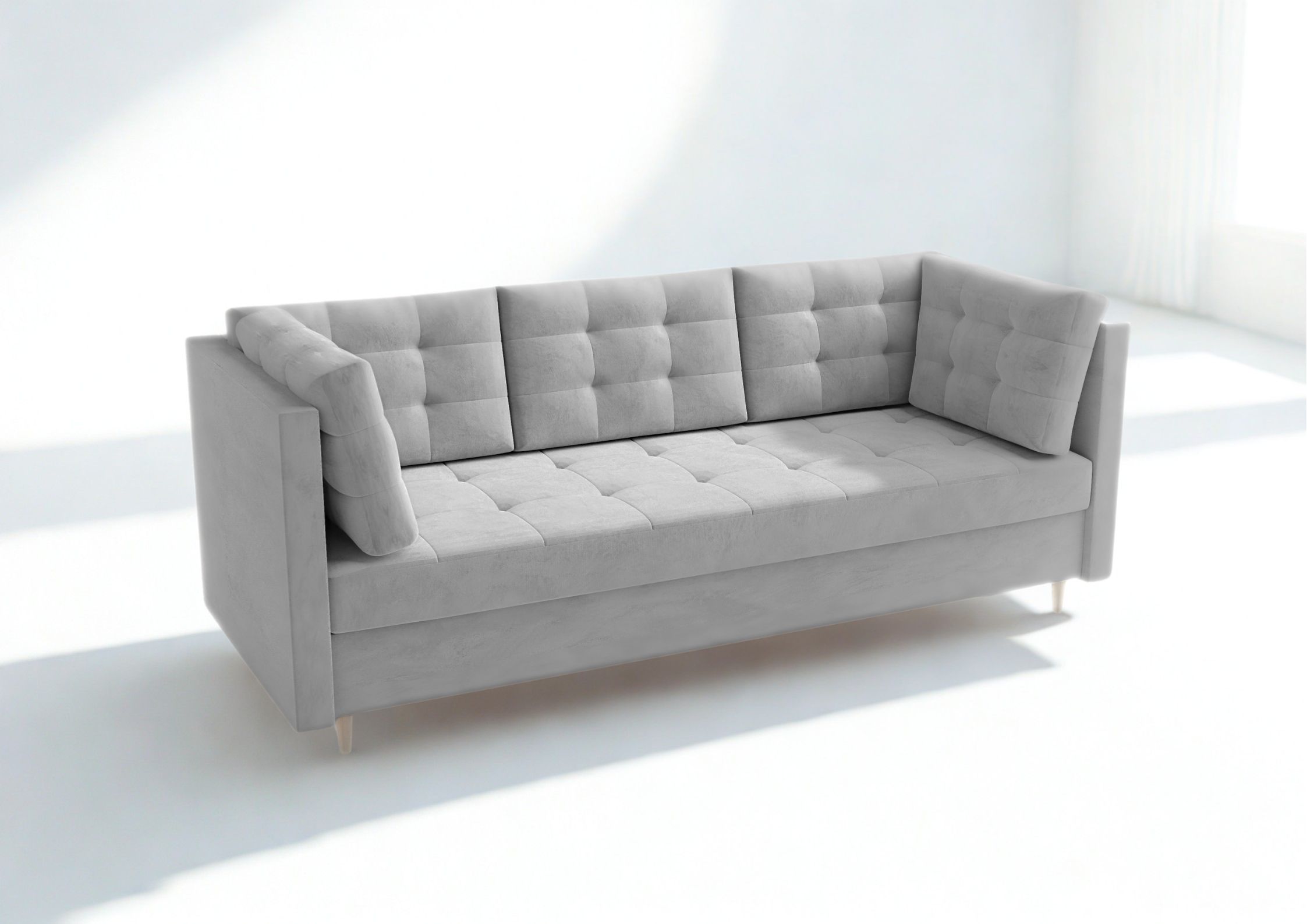 Pikowana sofa skandynawska z funkcją spania na drewnianych nogach szara