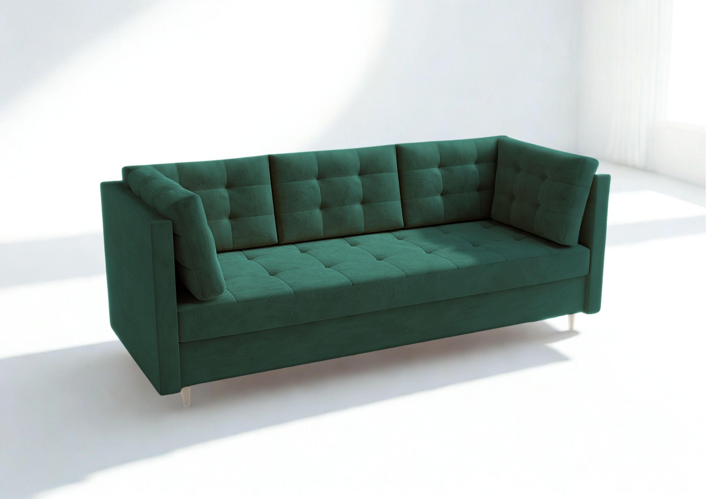 Pikowana sofa skandynawska z funkcją spania na drewnianych nogach zielona
