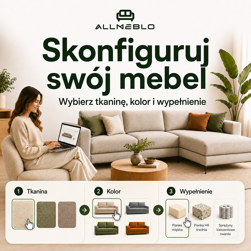 Konfigurator mebli Allmeblo: wybierz tkaninę, kolor i wypełnienie